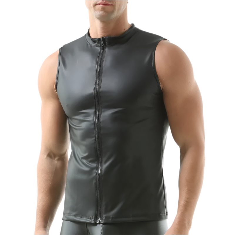 Man wearing a black sleeveless leather vest on a white background
