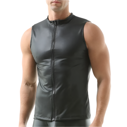 Man wearing a black sleeveless leather vest on a white background