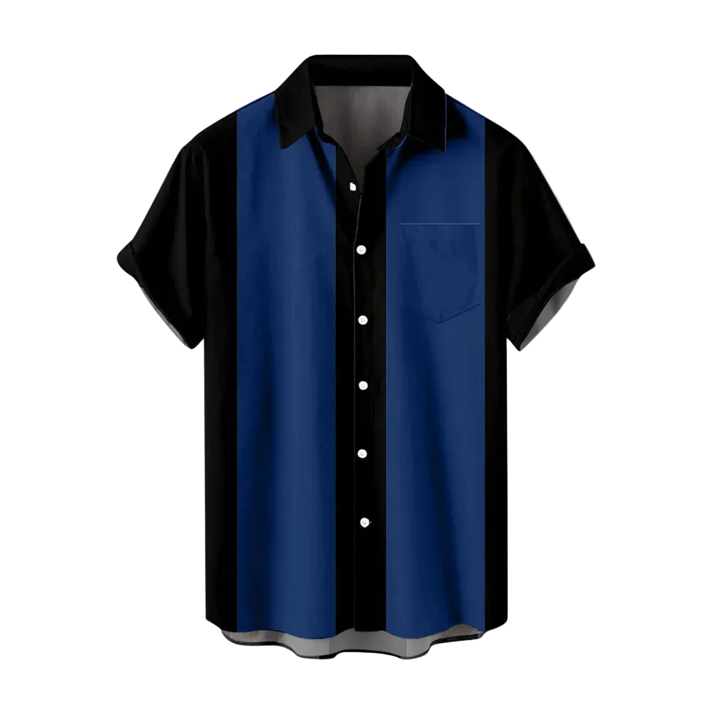Black and blue button-up shirt on a white background