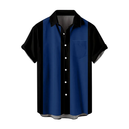 Black and blue button-up shirt on a white background