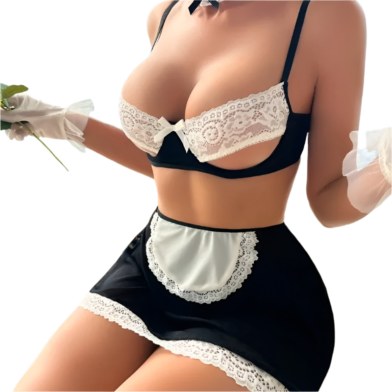 Person wearing a black and white maid outfit with gloves in an indoor setting.