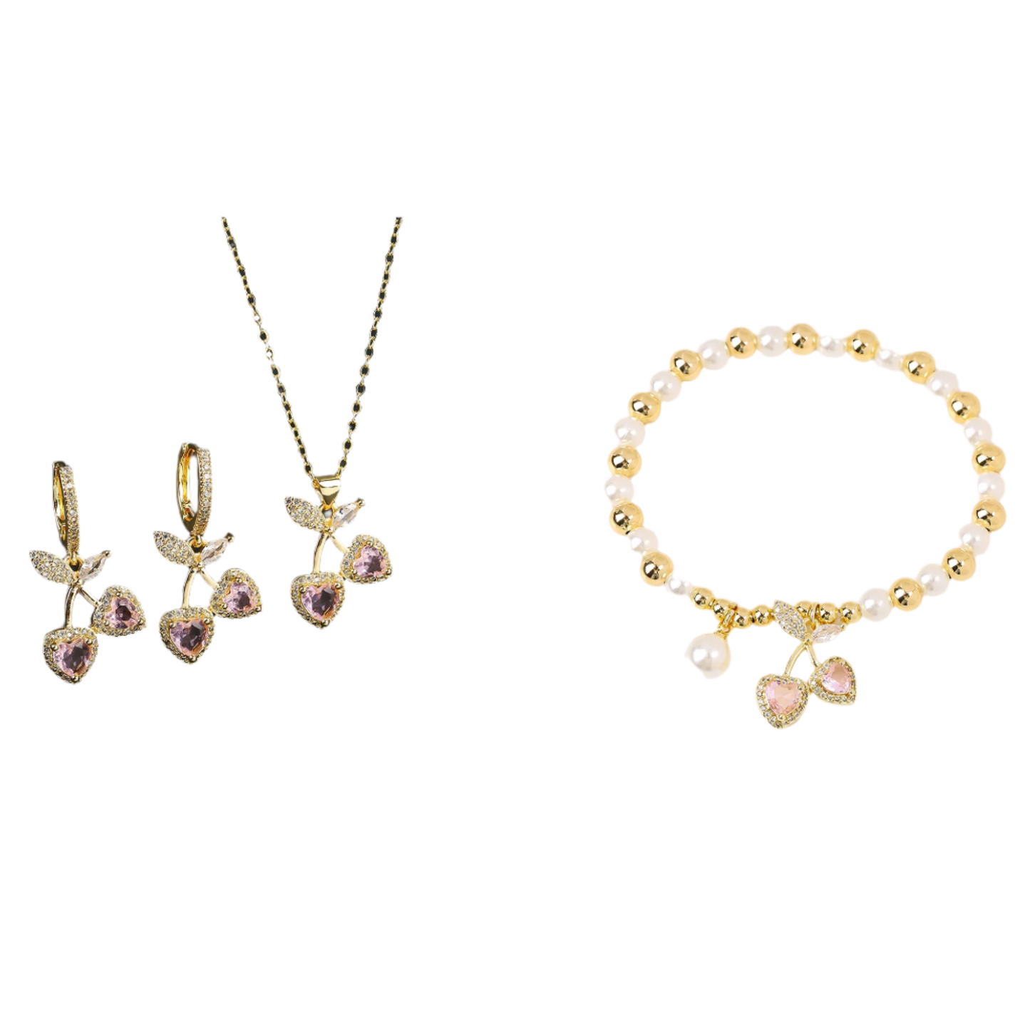 Gold jewelry set with necklace, earrings, and bracelet on a white background