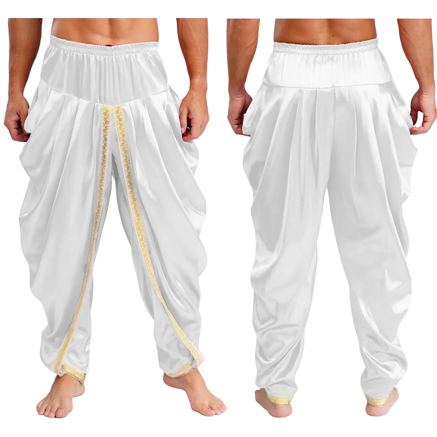 White harem-style pants shown from the front and back on a cropped male model, with gold embroidered trim running down the front and near the ankles.