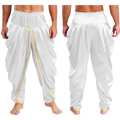 White harem-style pants shown from the front and back on a cropped male model, with gold embroidered trim running down the front and near the ankles.