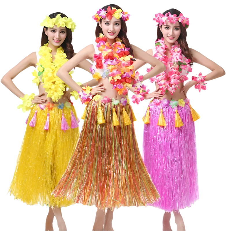 colorful hula outfits. Each ensemble includes a vibrant floral top, matching lei, and a grass skirt in pink, yellow, red, and blue, with floral headpieces and bracelets.