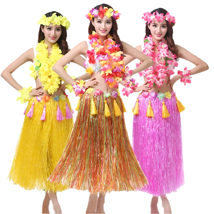 colorful hula outfits. Each ensemble includes a vibrant floral top, matching lei, and a grass skirt in pink, yellow, red, and blue, with floral headpieces and bracelets.