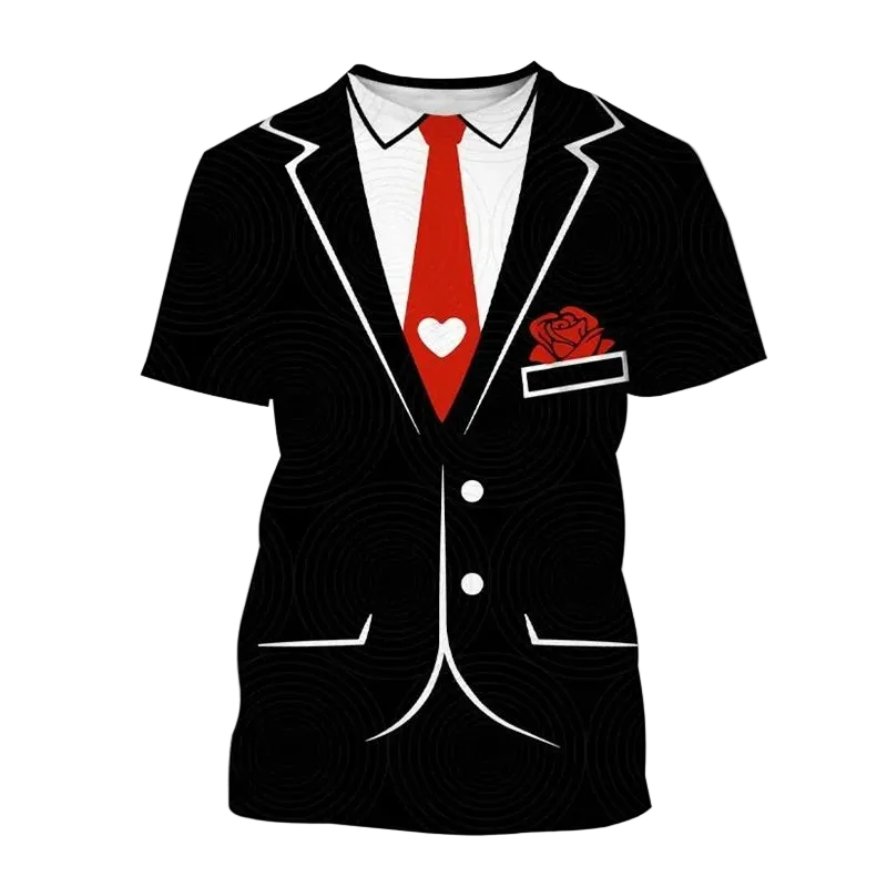 A short-sleeve t-shirt with a black and white suit jacket print, featuring a red tie with a white heart, a red rose in the chest pocket, and a white collar. The word 'Ivory' is printed in the top left corner.