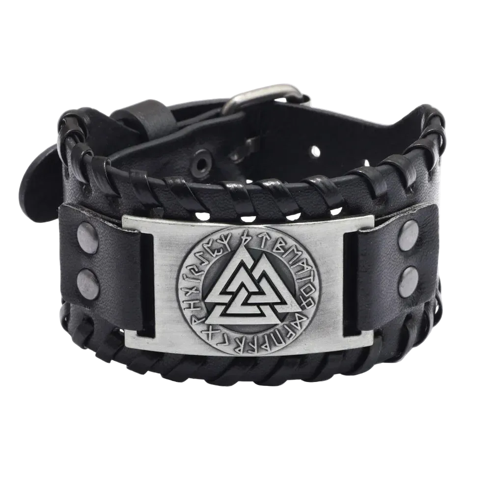 Black leather bracelet with metal Valknut symbol on a white background