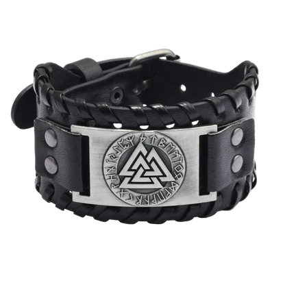 Black leather bracelet with metal Valknut symbol on a white background