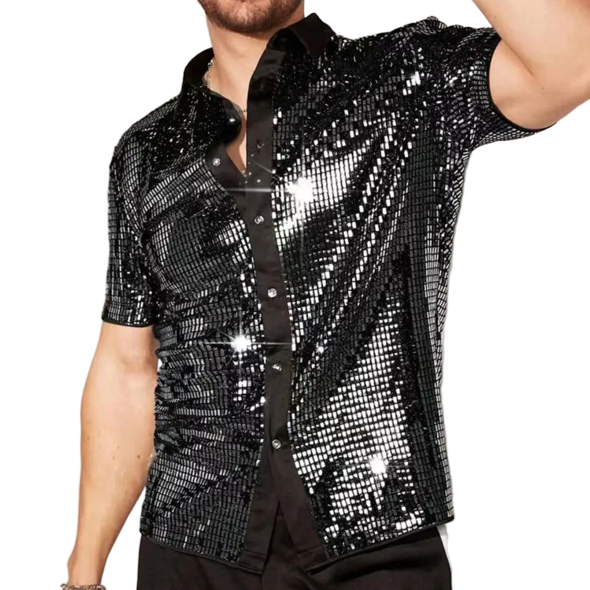 Person wearing a black sequin shirt against a neutral background