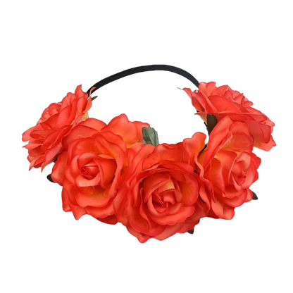 A floral headband featuring large, vibrant roses. The design is bold and romantic, perfect for a bohemian or festival look.