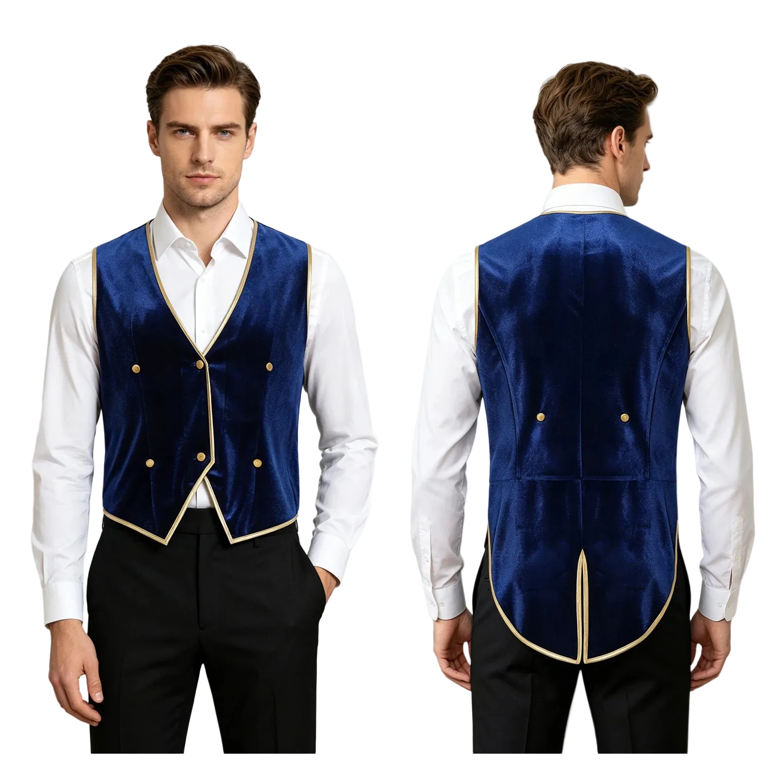 A man modeling a royal blue velvet double-breasted waiter vest with gold trim, shown from both the front and back views against a plain white background.