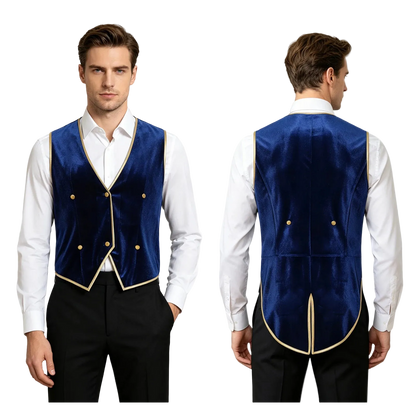 A man modeling a royal blue velvet double-breasted waiter vest with gold trim, shown from both the front and back views against a plain white background.