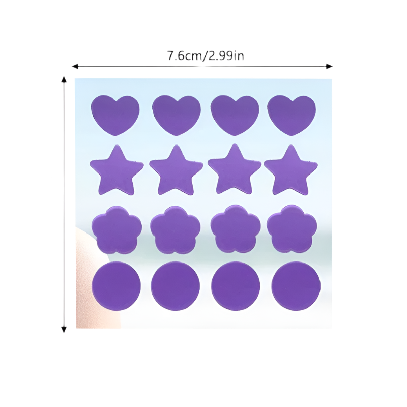 Purple heart, star, and circle stickers with dimensions on a white background