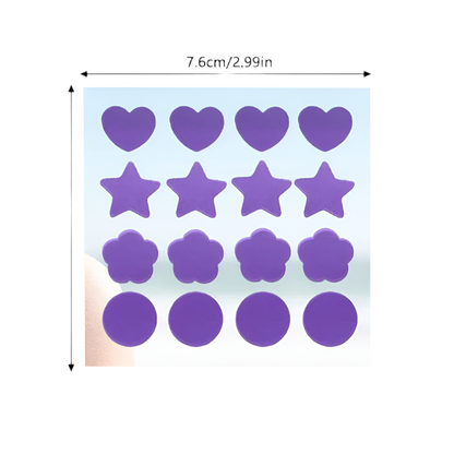 Purple heart, star, and circle stickers with dimensions on a white background