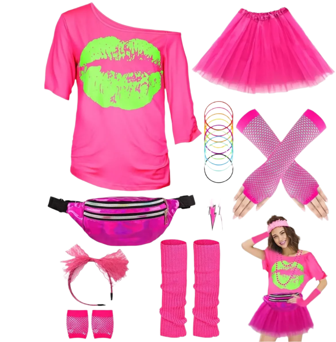 Collection of 80s-themed accessories and clothing items including a pink shirt with green lips, tutu, leg warmers, and beads.