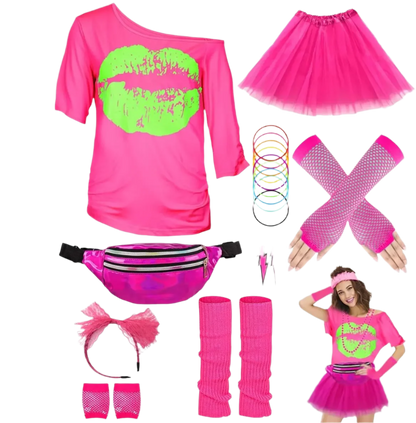 Collection of 80s-themed accessories and clothing items including a pink shirt with green lips, tutu, leg warmers, and beads.
