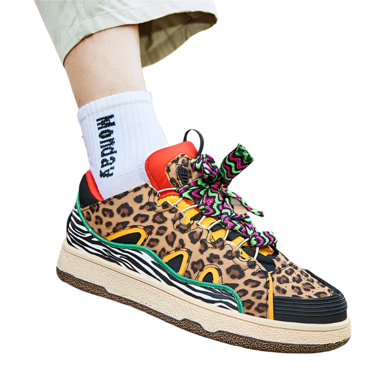 Luxury men's leopard print platform sneakers featuring vulcanized construction and elevated design for resort theme nights

