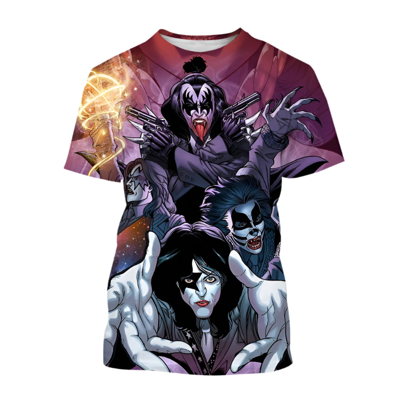 T-shirt with a graphic design of a character holding a gun and a flaming object on a white background