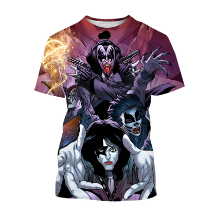 T-shirt with a graphic design of a character holding a gun and a flaming object on a white background