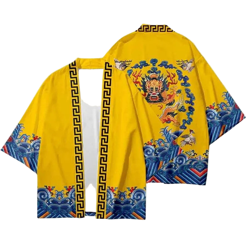 Yellow traditional garment with blue and red patterns on a white background