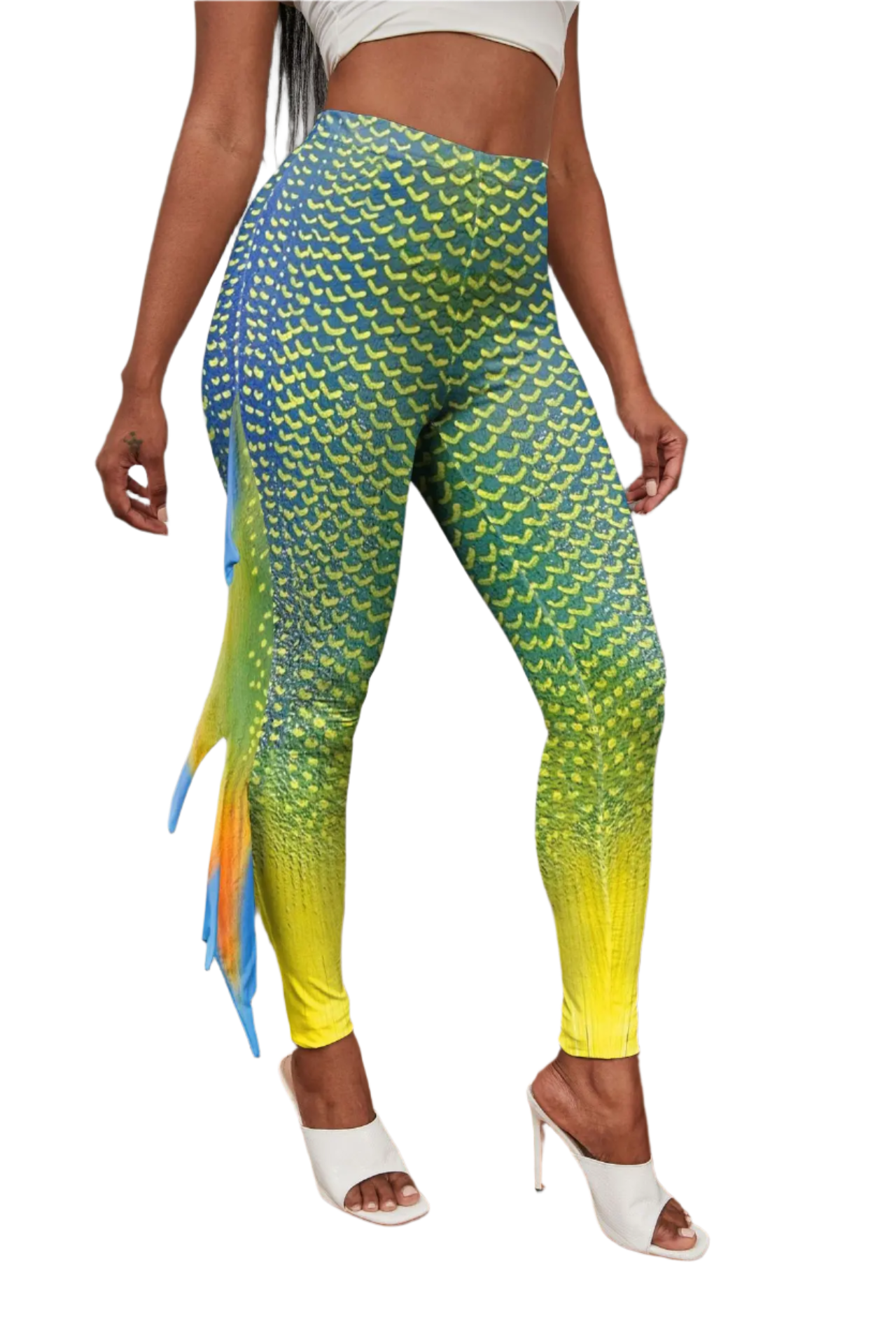 Shimmering fish scale mermaid leggings with octopus print and decorative fins for resort cosplay wear