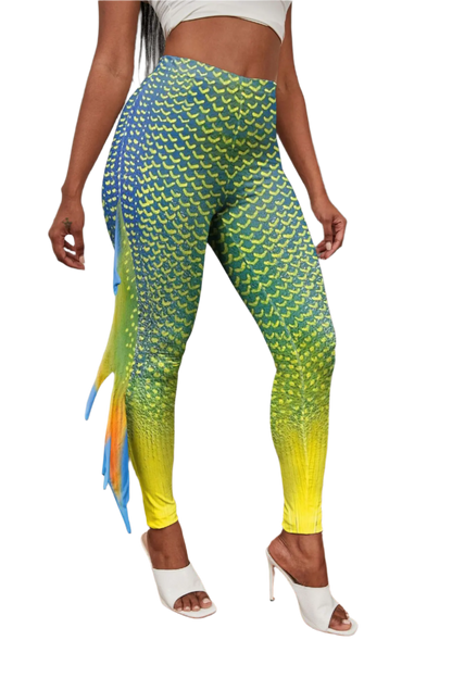 Shimmering fish scale mermaid leggings with octopus print and decorative fins for resort cosplay wear