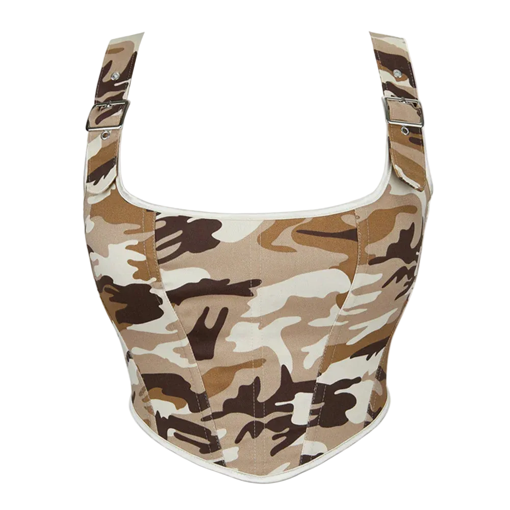 A women's corset-style top with a desert camouflage pattern in beige, brown, and white, featuring adjustable shoulder straps with metal buckles, shown on a plain white background.