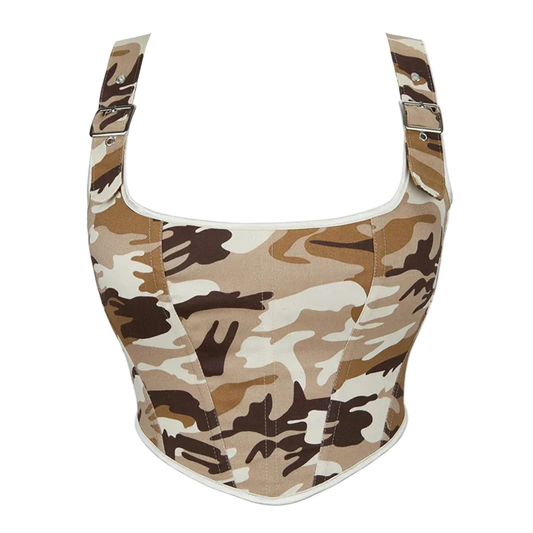 A women's corset-style top with a desert camouflage pattern in beige, brown, and white, featuring adjustable shoulder straps with metal buckles, shown on a plain white background.