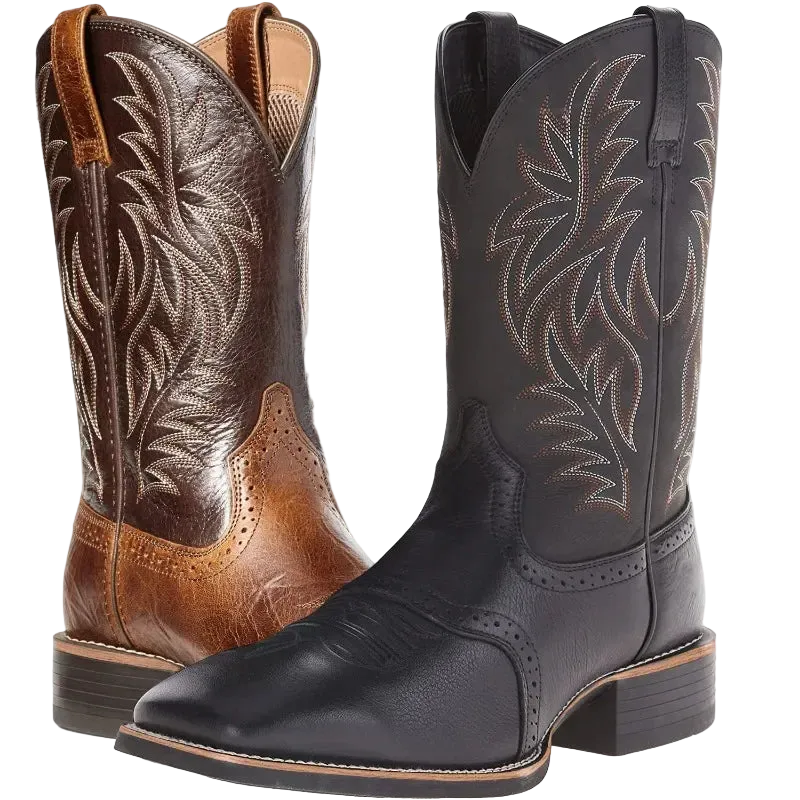Two western cowboy boots shown on a white background: one in dark brown leather with tan embroidery and one in black leather with white embroidery, both featuring decorative shaft stitching and square toes.