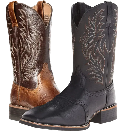 Two western cowboy boots shown on a white background: one in dark brown leather with tan embroidery and one in black leather with white embroidery, both featuring decorative shaft stitching and square toes.