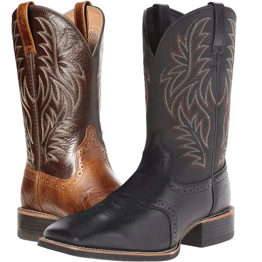 Two western cowboy boots shown on a white background: one in dark brown leather with tan embroidery and one in black leather with white embroidery, both featuring decorative shaft stitching and square toes.