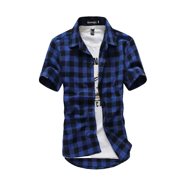 Blue and black plaid short-sleeve shirt on a white background