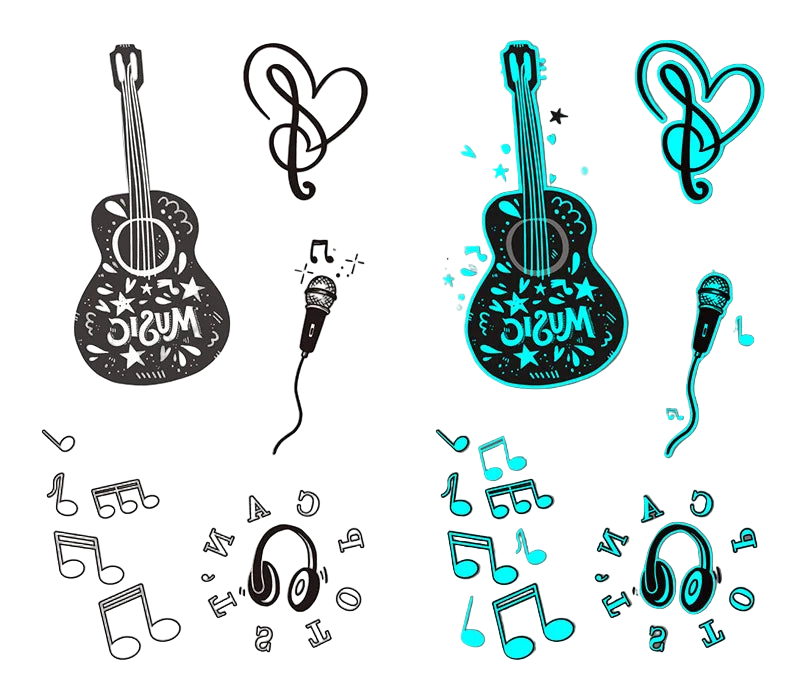 Two tattoo sheets with guitar, microphone, and music note designs on a white and gray background.