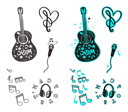 Two tattoo sheets with guitar, microphone, and music note designs on a white and gray background.