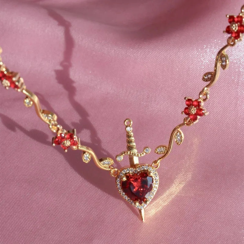 Couple Heart and Sword Necklace Set for Women Men, Zircon Crystal Heart Rose Flower Jewelry Birthday Valentine's Day Gifts