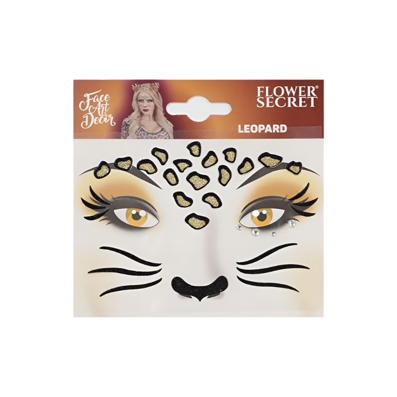 Glitter face art stickers featuring leopard and butterfly designs for resort theme nights

