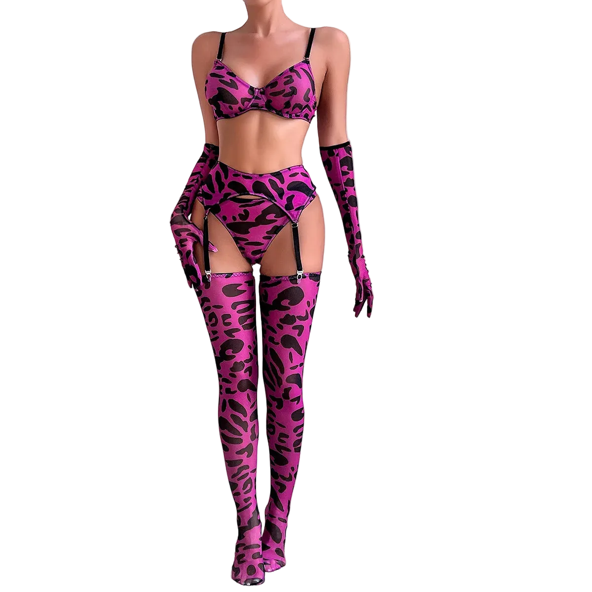 Person wearing a pink leopard print lingerie set with matching gloves and thigh-high boots on a white background.