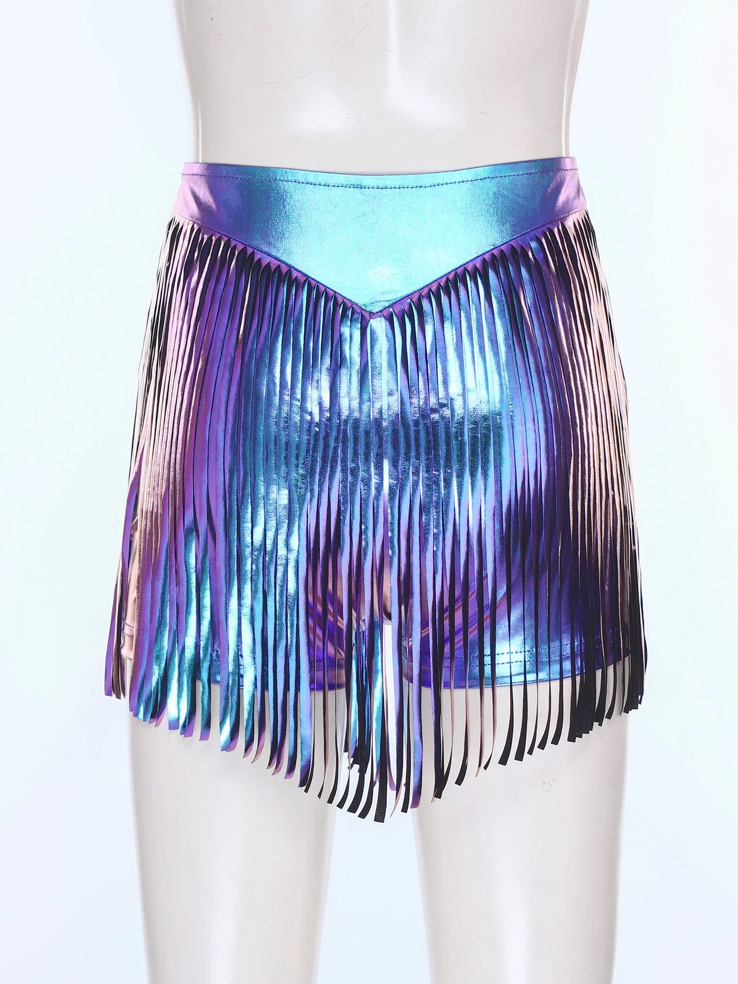 Women Iridescent Metallic Hot Pants with Fringed High Waist Tassel Skirted Shorts Cheeky Shorts Stage Dance Jazz Rock Clubwear