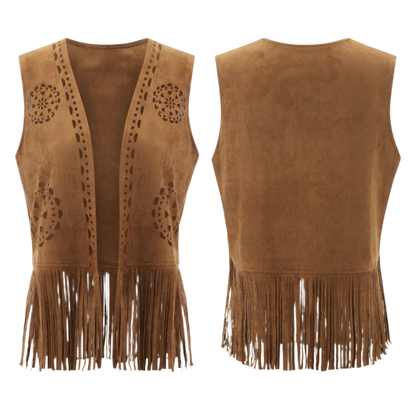 fringe faux suede vest with tassel details for western streetwear and resort fashion