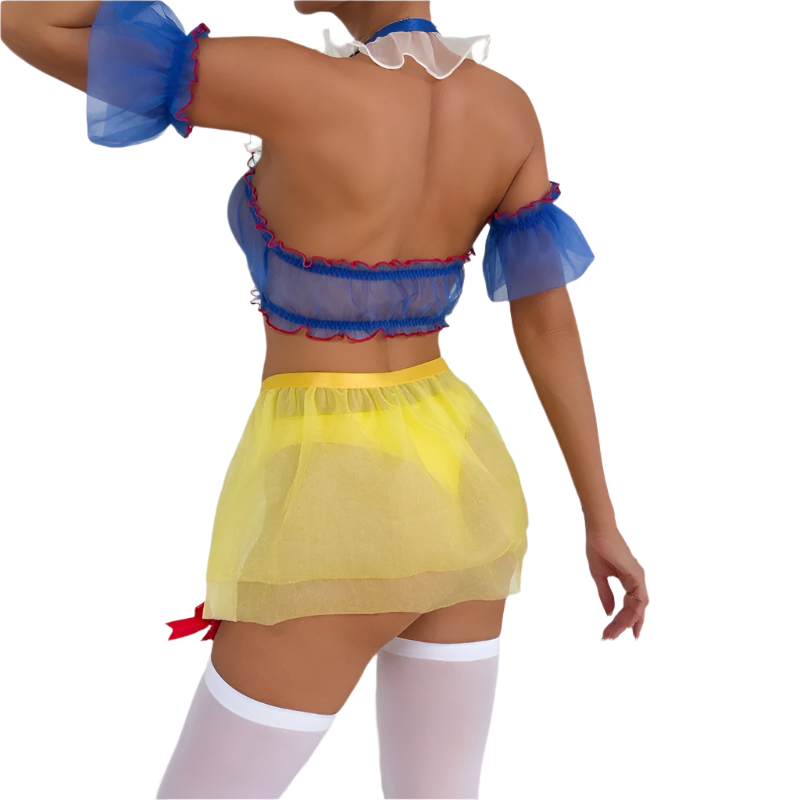 Mesh maid costume with garter details for resort theme nights

