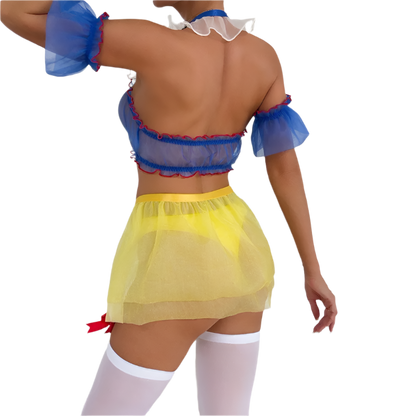 Mesh maid costume with garter details for resort theme nights

