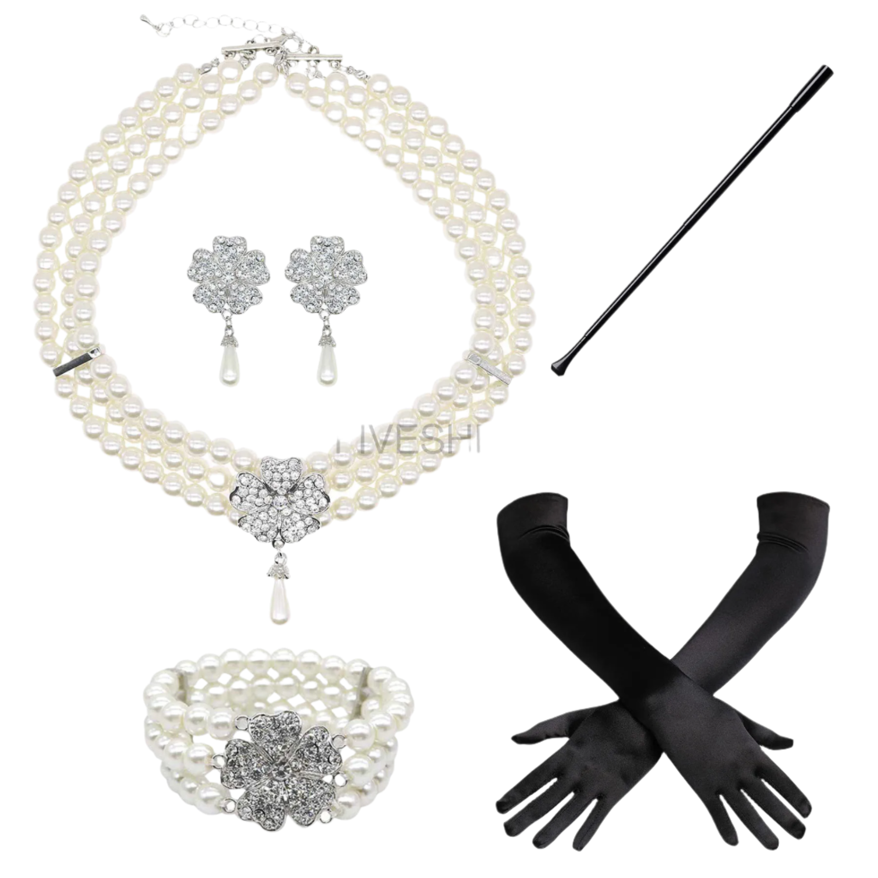 Complete Audrey Hepburn inspired accessory set with pearl necklace, earrings, gloves and cigarette holder for resort theme nights

