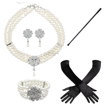 Complete Audrey Hepburn inspired accessory set with pearl necklace, earrings, gloves and cigarette holder for resort theme nights

