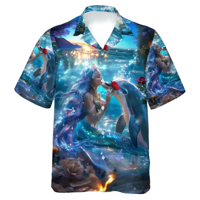 A short-sleeve button-up Hawaiian-style shirt with an all-over fantasy print of a mermaid kissing a dolphin underwater, featuring blue, teal, purple, and orange tones with a white collar.