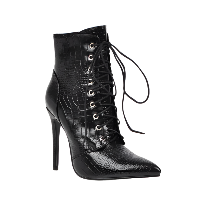 Black lace-up high-heeled boot on a white background