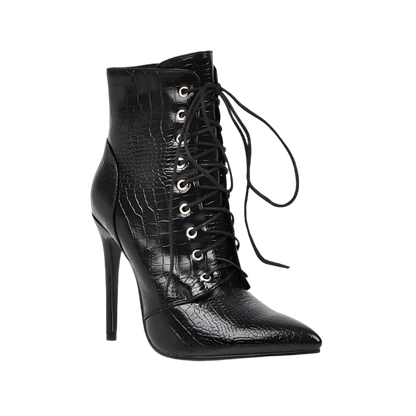 Black lace-up high-heeled boot on a white background