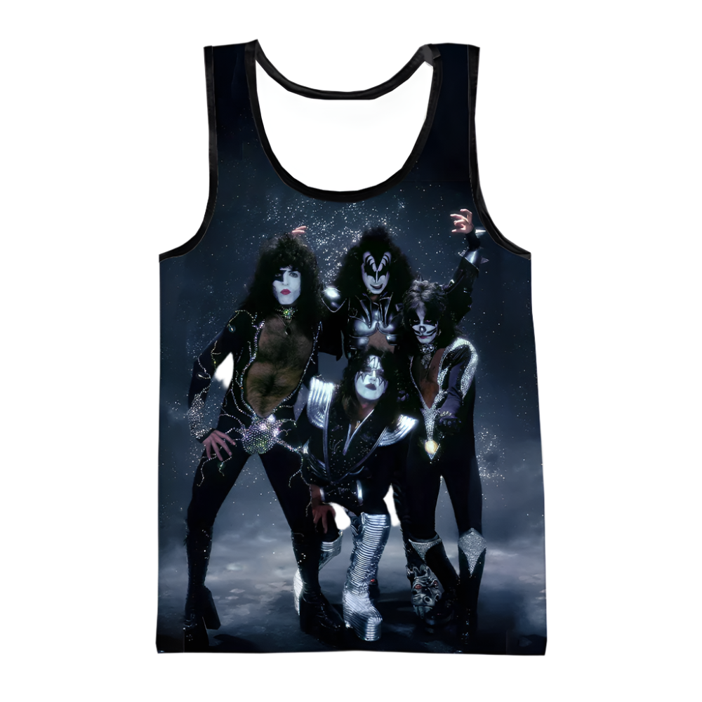 Tank top with a graphic of four band members on a dark background