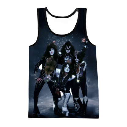 Tank top with a graphic of four band members on a dark background