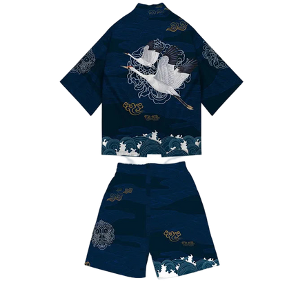 Navy blue children's outfit with crane design on a white background